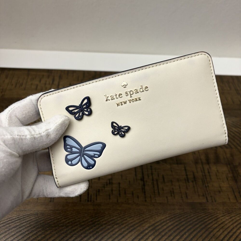 Kate Spade Slim Leather Bifold Wallet 3D Butterfly Cream Blue Card Cash Coin ID